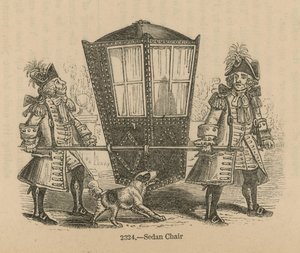 Dos hombres uniformados llevando una silla de manos de English School