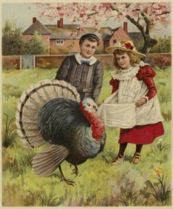 Dos niños pequeños de pie junto a un pavo