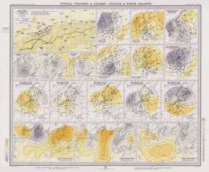 Tiempo típico y tormentas, Europa y Atlántico Norte (litografía en color) de English School