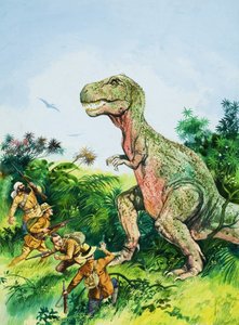 Tyrannosaurus Rex confrontando a hombres