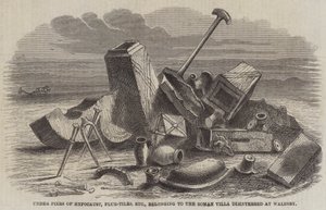 Bajo pilares de hipocausto, baldosas de flue, etc., pertenecientes a la villa romana desenterrada en Walesby (grabado)