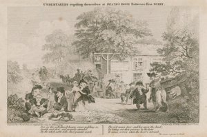 Empresarios de pompas fúnebres disfrutando en la puerta de la muerte, Battersea Rise, Surrey de English School