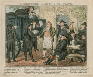 Empresarios de pompas fúnebres disfrutando en la puerta de la muerte, Battersea Rise, Surrey de English School