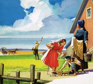 Escena rural americana no identificada con familia cuáquera