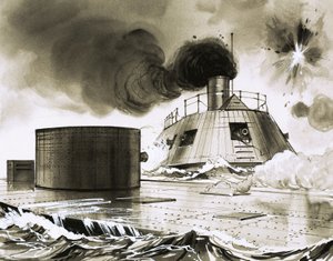 Escena de batalla no identificada con submarino temprano