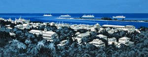 Línea costera no identificada con pueblo y barcos en el horizonte