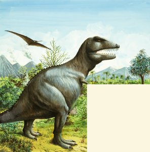 Escena de dinosaurios no identificada con T Rex y Pterodáctilo