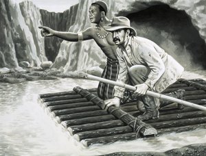Hombre no identificado y nativo en balsa