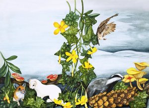 Plantas y animales no identificados, incluyendo búho, tejón y comadreja de English School