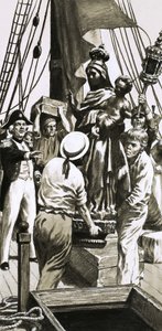 Escena de un barco de vela no identificado cargando mercancía de English School