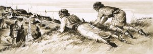 Escena no identificada de dos hombres espiando un campamento romano