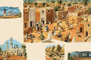 Escenas no identificadas de Egipto, incluyendo el Antiguo Egipto y las pirámides de English School