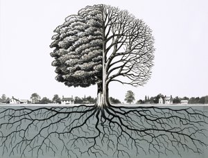 Árbol no identificado, mostrando la mitad sin hojas y el sistema de raíces