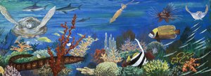 Criaturas submarinas no identificadas incluyendo peces coloridos y tortuga
