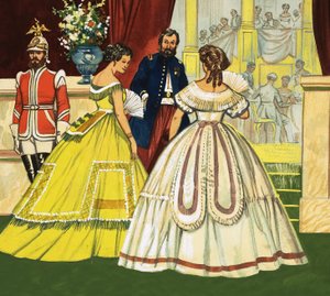 Mujeres no identificadas en vestidos formales asistiendo a un evento (siglo XIX) de English School