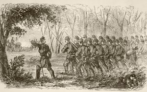 Soldados de la Unión en la meseta en la primera batalla de Bull Run (litografía) de English School