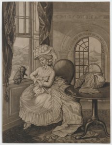 Sin título (mujer sentada en una ventana mirando a un perro pequeño), c.1780 de English School