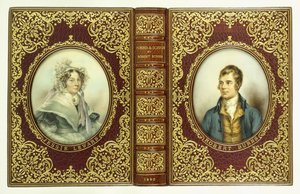 Cubiertas superior e inferior, y lomo, con retratos ovalados de Robert Burns y Jessie Lewars de English School
