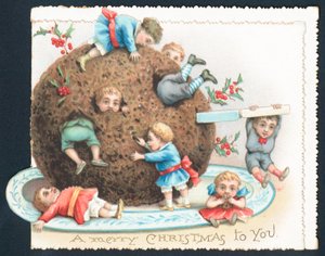 Niños jugando con pudín de ciruela, tarjeta de Navidad
