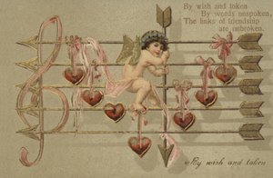 Tarjeta de San Valentín, con Cupido, flecha y partitura musical de English School