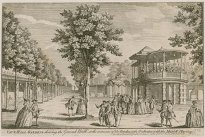 Jardines de Vauxhall, Londres, mostrando el Gran Paseo en la entrada del jardín y la Orquesta, con la música tocando