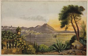 Vesubio y la Bahía de Nápoles, Italia (grabado en color) de English School