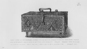 Museo Victoria y Alberto: Cofre, cobre dorado y esmaltado, con los Escudos de Armas de Inglaterra, Angulema, Valence, Conde de Pembroke, Dreux Duque de Bretaña y Brabante, inglés, probablemente hecho para William o Aymer de Valence, alrededor de 1290-13 de English School