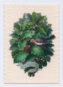 Tarjeta navideña y de Año Nuevo victoriana de un petirrojo en un ramo de hojas de acebo, c.1880 de English School