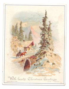 Tarjeta navideña victoriana de un hombre y dos caballos cruzando un puente, c.1880