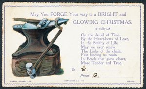 Tarjeta victoriana de Navidad con yunque y martillo de English School