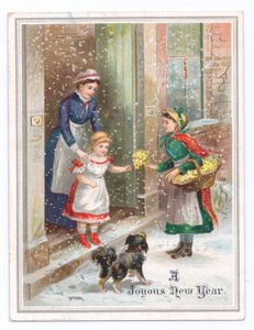 Tarjeta de Año Nuevo victoriana de una criada sosteniendo a una niña mientras compra flores a un vendedor de flores en la nieve, c.1880 de English School