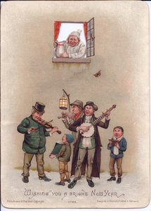 Tarjeta de Año Nuevo victoriana de un hombre en bata preparándose para verter una jarra de agua sobre unos músicos callejeros, c.1880 de English School