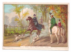 Tarjeta victoriana de Año Nuevo de una mujer a caballo con dos sabuesos saludada por otra pareja, c.1880 (litografía en color). de English School