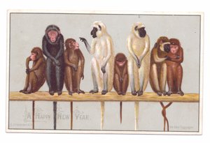Tarjeta victoriana de Año Nuevo con ocho monos en una cornisa, c.1880 (litografía en color) de English School