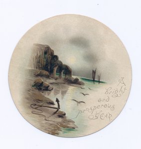 Tarjeta circular de Año Nuevo victoriana de un paisaje marino con dos yates en una noche de luna, c.1880 de English School