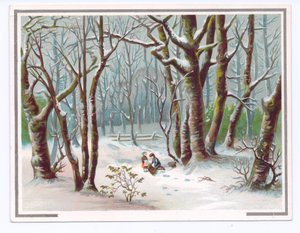 Tarjeta de felicitación victoriana de dos niños recogiendo ramas en la nieve, c.1880 de English School