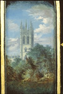 Panel de gabinete de costura victoriano decorado con una escena del Magdalen College, Oxford de English School