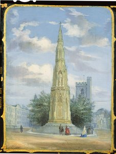 Panel de gabinete de costura victoriano decorado con una escena del Martyrs Memorial, Oxford de English School