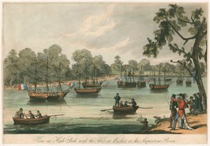 Vista en Hyde Park con la flota anclada en el río Serpentine. Naumachia. Paz de 1814 de English School
