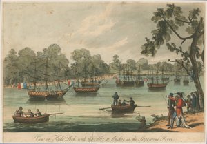 Vista en Hyde Park con la flota anclada en el río Serpentine. Naumaquia. Paz de 1814