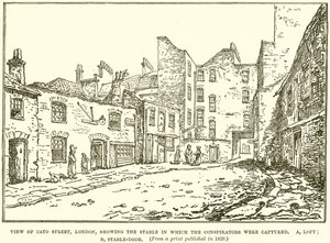 Vista de Cato Street, Londres, mostrando el establo donde fueron capturados los conspiradores de English School