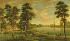 Vista del embalse y las obras hidráulicas de Chelsea, con la Abadía de Westminster en la distancia, c.1725 de English School
