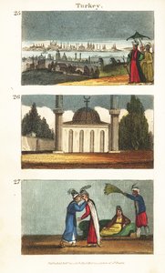 Vista de Constantinopla (Estambul) a principios del siglo XIX, mezquita musulmana con cúpula y minaretes, y mujeres griegas jóvenes besándose en los ojos de English School