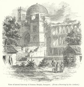 Vista de la puerta lateral del Jumma Musjid, Jaunpore (grabado) de English School