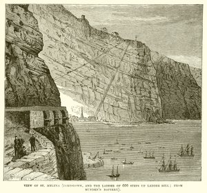 Vista de Santa Elena (Jamestown y la escalera de 600 escalones en Ladder Hill; desde la batería de Mundens) de English School