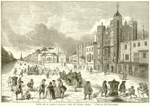Vista del Palacio de St. James, época de la Reina Ana de English School