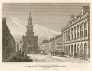 Vista de The Strand, incluyendo el frente norte de Somerset House y la Iglesia de St Mary-Le-Strand, Westminster, Londres de English School