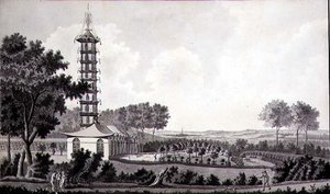 Vista de un jardín holandés con una pagoda china, c.1770 de English School