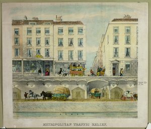 Vista de una calle londinense con túnel propuesto para aliviar el tráfico, c.11850 (litografía)