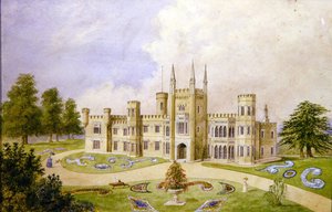 Vista de una casa de campo de estilo gótico con un jardín formal, c.1840 de English School